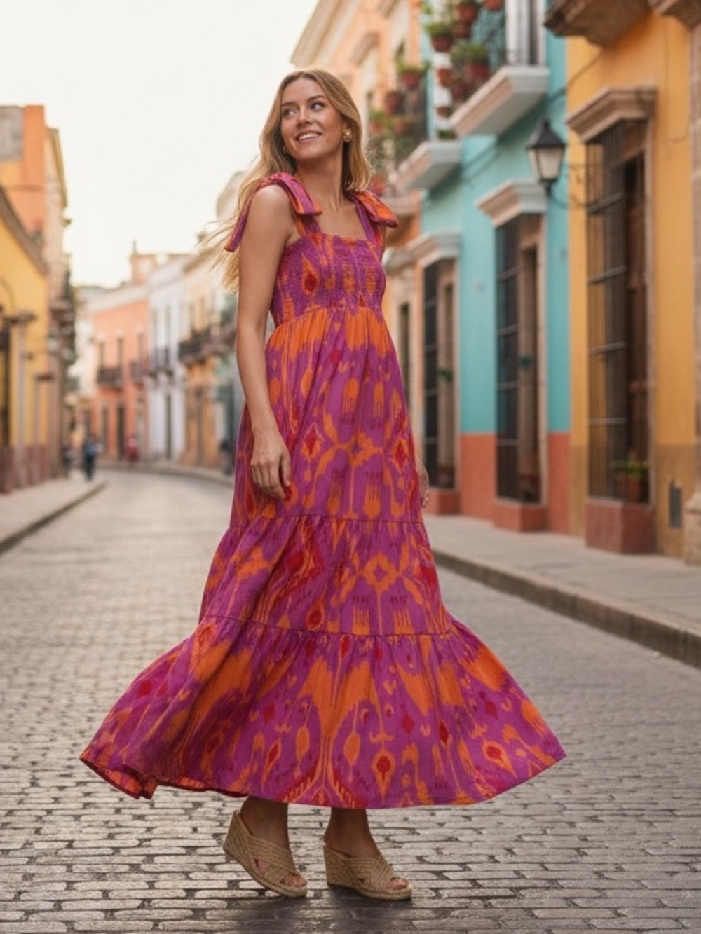 Sheridan French NEW Kelly Maxi Bow Dress in Sunset Ikat Purple Orange Size L